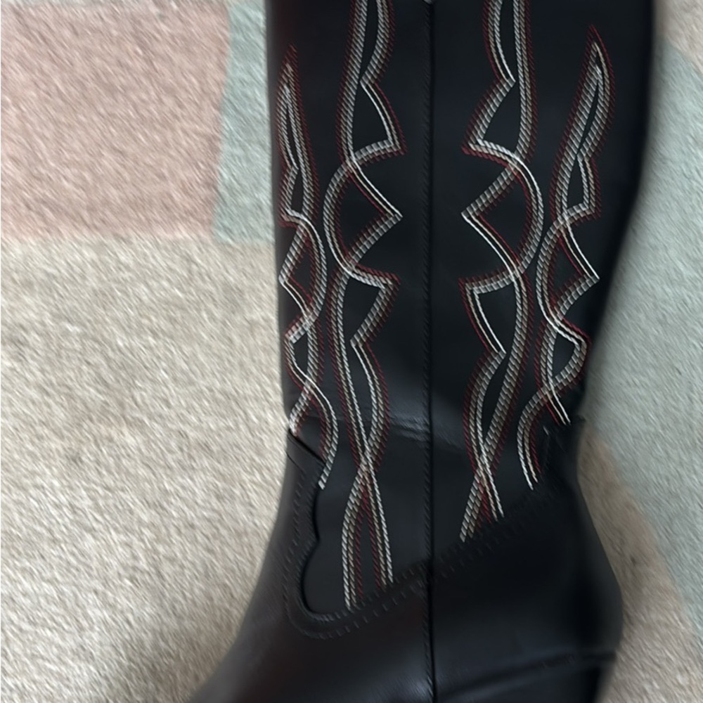 Boutique Black Western Boots with Embroidered Design vegan faux leather wide
